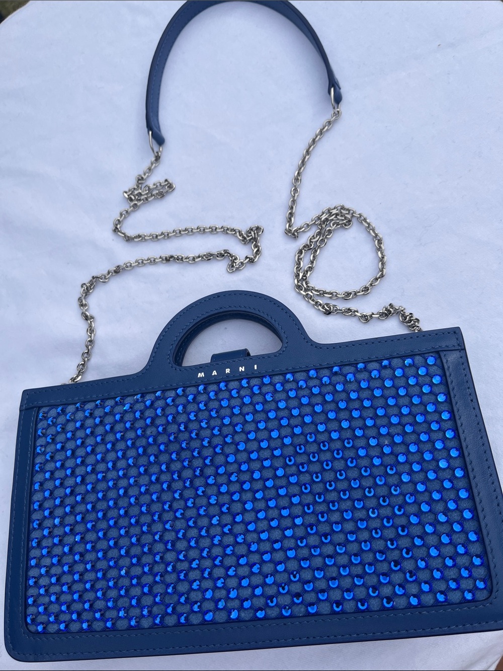 Marni Blue Embellished Leather Shoulder Bag with Chain Strap